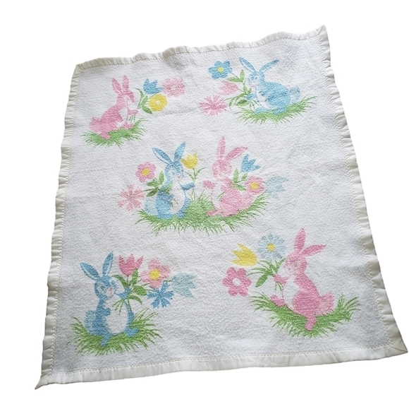 Vintage Chatham Pastel Bunny Rabbit Satin Trim Baby Blanket Fuzzy Fleece USA - Picture 1 of 8